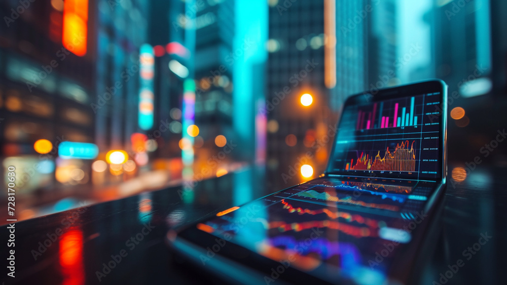 Smartphone Screen Double Exposure with Stock Market Tickers Smartphone Screen Double Exposure with Stock Market Tickers