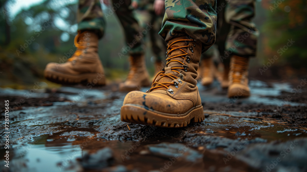 soldiers in boots. a close-up of the boots of a group of soldiers marching down a dirt road