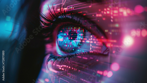 Cybernetic Futuristic Eye Double Exposure with Neon Circuit Patterns