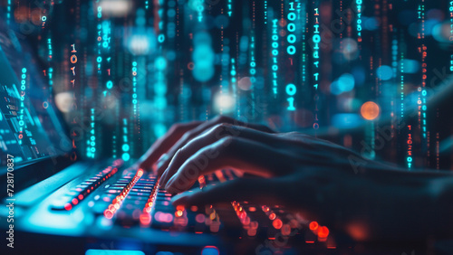 Hands Typing on Keyboard with Binary Code Background