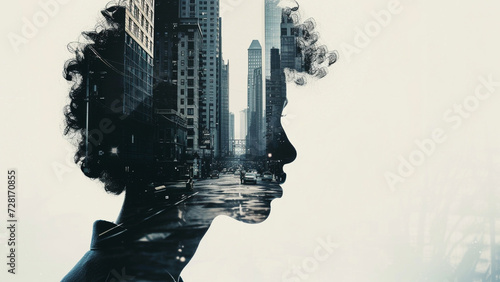Double Exposure of Determined Profile Against City Streets