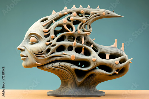 Head art. Dreaming and State of Mind. Ornament. Statue. Ceramic designs. Sculpture of a goddess. Mind relaxation. 4k background image for web. Dark background. Sea mermaid. 