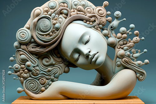 Imotions. Dreaming and State of Mind. Ornament. Statue. Ceramic designs. Sculpture of a goddess. Mind relaxation. 4k background image for web. Dark background. Sea mermaid. 