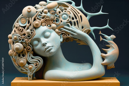 Female head. Dreaming and State of Mind. Ornament. Statue. Ceramic designs. Sculpture of a goddess. Mind relaxation. 4k background image for web. Dark background. Sea mermaid. 