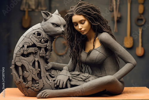Girl and Cat. Zen art. Cat goddess. Mythical illustrations. Ceramic designs. Sculpture of a goddess. Mind relaxation. 4k background image for web. Dark background. Black hair.