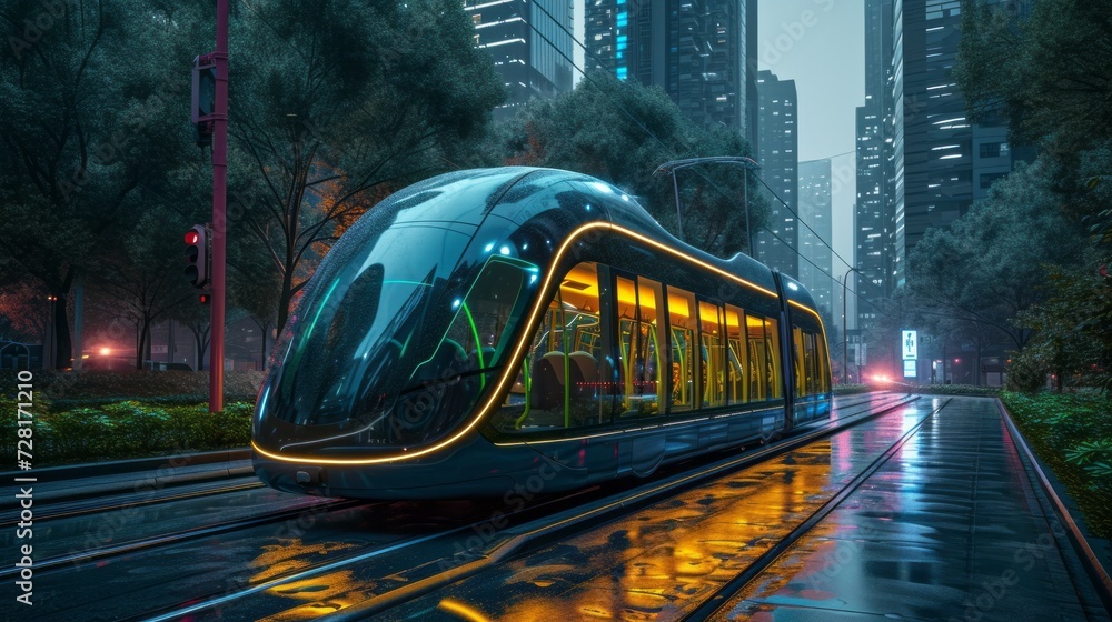 Eco-friendly electric vehicle glides through the bustling cityscape, a symbol of sustainable urban transportation design