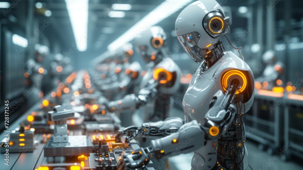 Futuristic robot arms engaged in high-tech manufacturing. Advanced mechanical engineering at work within an automated production line Futuristic robot arms engaged in high-tech manufacturing. Advanced mechanical engineering at work within an automated production line