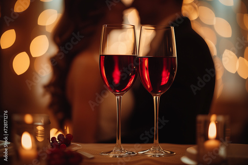 Red wine glasses with blurred a lovely couple at background