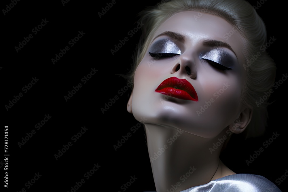 Beautiful woman with blond hair with makeup and red lipstick on a dark background, close-up Beautiful woman with blond hair with makeup and red lipstick on a dark background, close-up