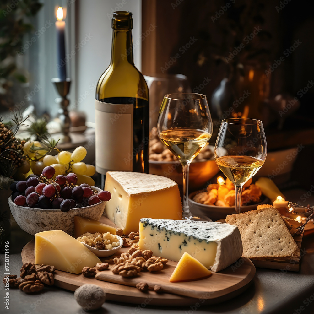 Assortment of cheeses on wooden board with bunches of grapes and glasses of wine onblured background with candles close up