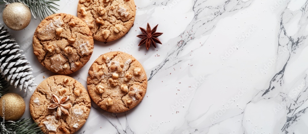 Delicious Flat Lay Christmas Cookies sitting on a Fabulous Marble Surface Delicious Flat Lay Christmas Cookies sitting on a Fabulous Marble Surface