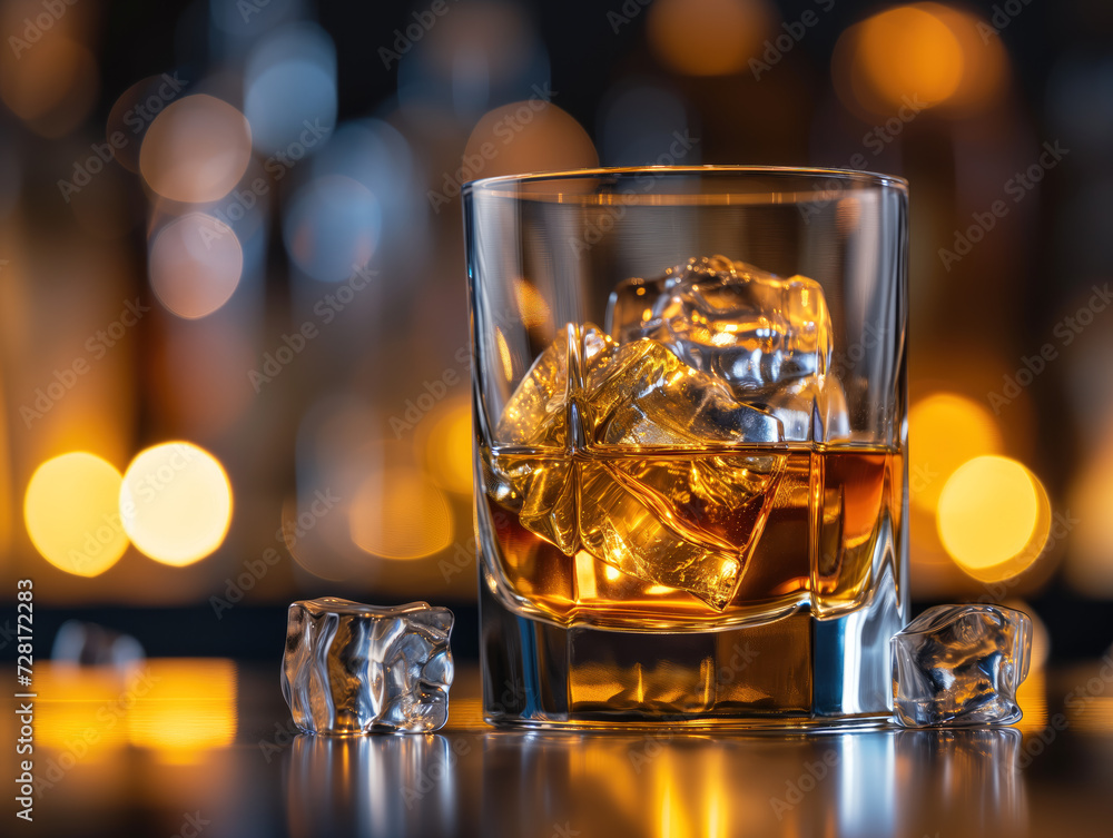 Golden Whiskey on the Rocks Amidst Warm Bokeh Lights Golden Whiskey on the Rocks Amidst Warm Bokeh Lights