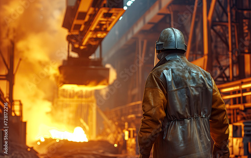 Steel Worker Observing Molten Metal Pour