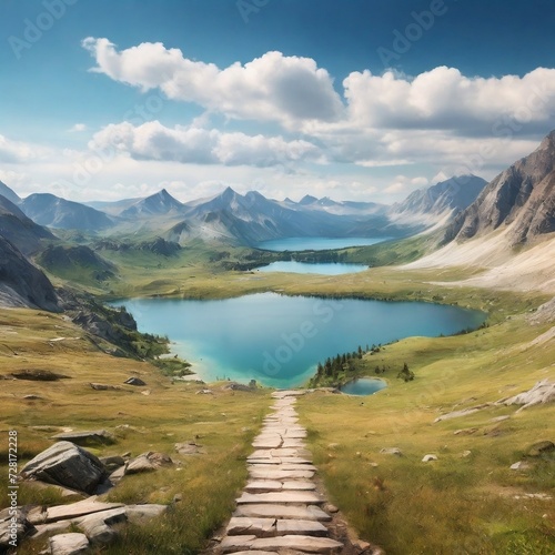 mountain and lake views with hiking trails. background for poster, banner, web, social media. ai generative design