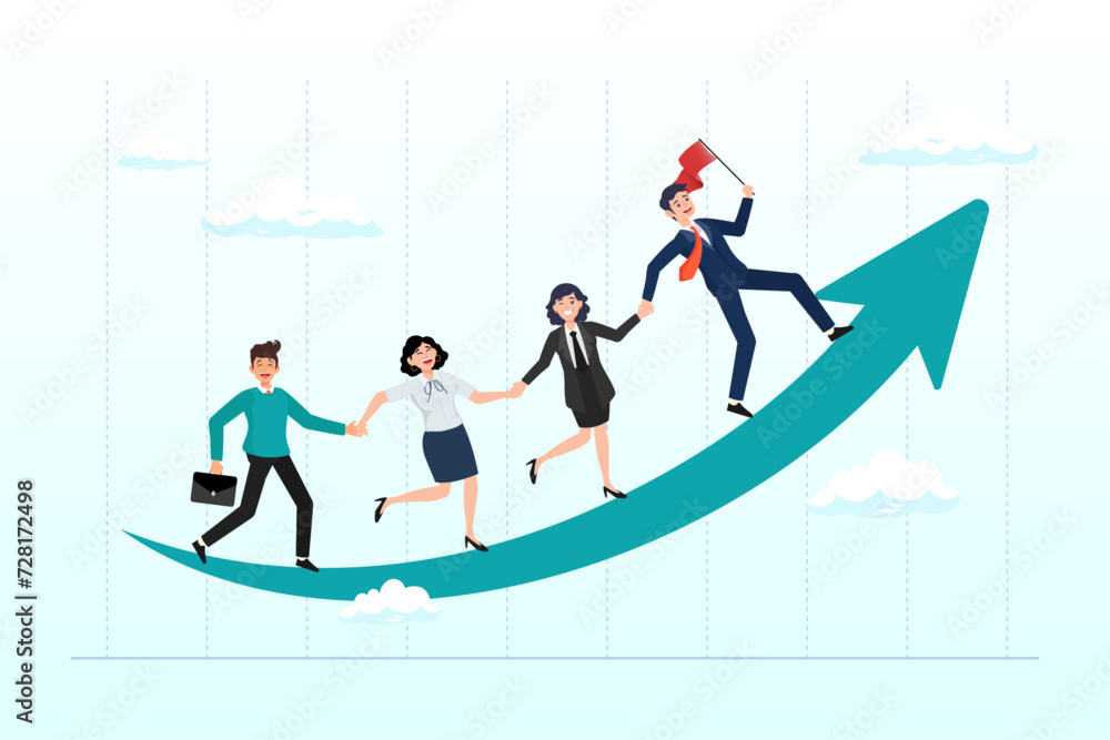 Fototapeta premium Businessman leader holding hand with employee walking up arrow graph, teamwork cooperate together to achieve goal, leadership to build team walking up rising growth arrow, career development (Vector)