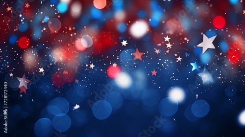 Abstract red white blue glitter star sparkle lights bokeh background. 4th of July USA Independence Day. for artwork graphic design. copy text space.