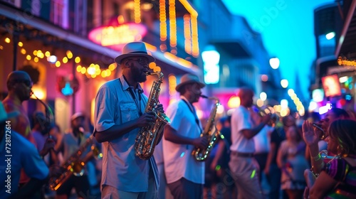 Jazz musicians performance in New Orleans. Vibrant Mardi Gras street parade. Historic French Quarter buildings in the background. Jazz Appreciation Month. AI Generative photo