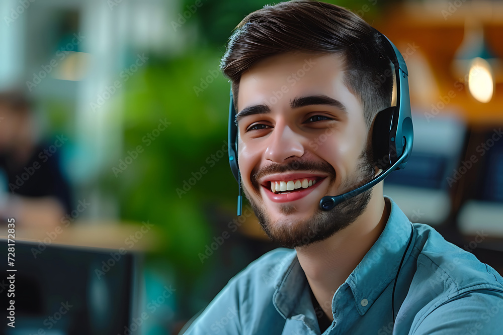 Call center agent with headset working on support hotline in modern office Call center agent with headset working on support hotline in modern office