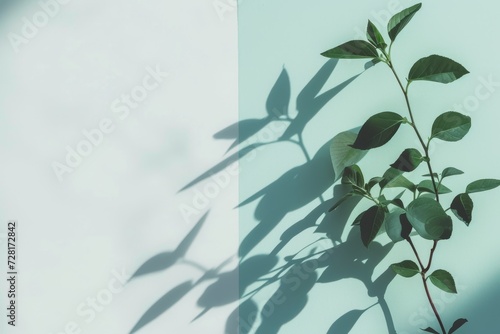 a green plant on blue and white wall