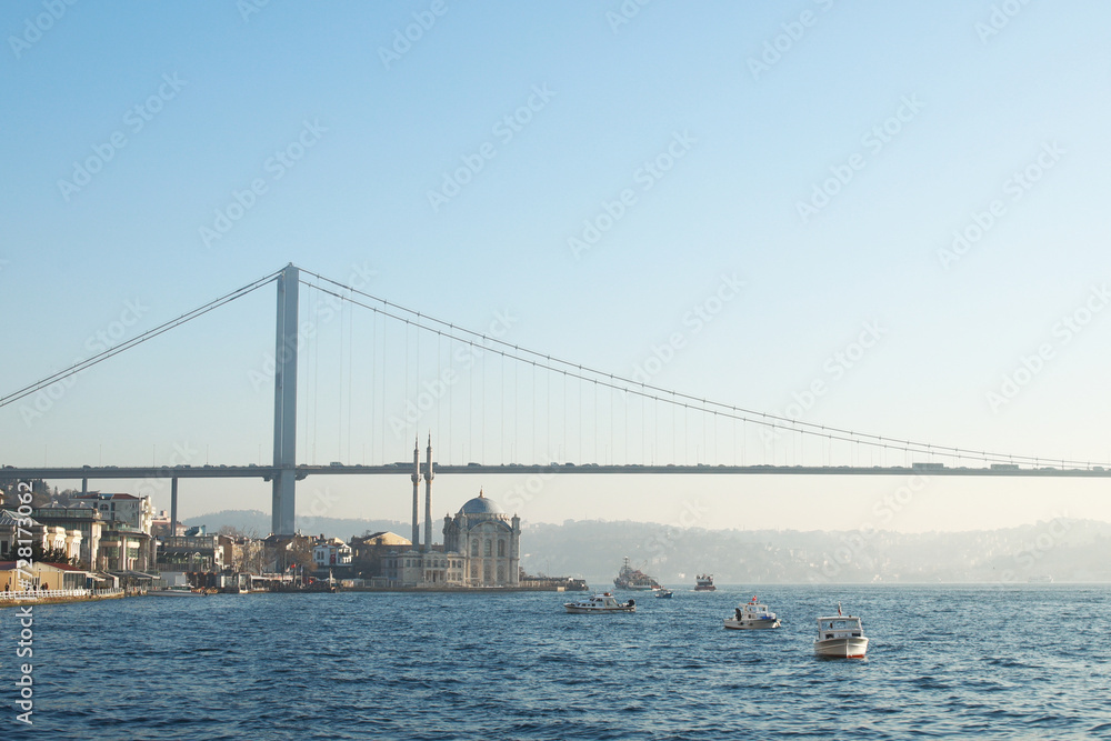 Panoramic view of The Bosphorus Bridge and the Ortakoy Mosque in Istanbul, Turkey. Panoramic view of The Bosphorus Bridge and the Ortakoy Mosque in Istanbul, Turkey.
