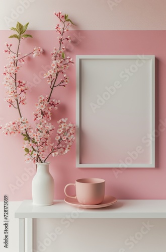 a white table and flowers with blank frame picture against pink wall