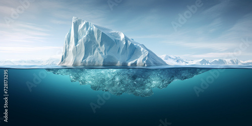 Iceberg with hidden part under water in ocean concept of global warming Hidden and danger with sky background