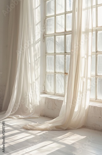 a window with curtains in the sunlight on a white floor