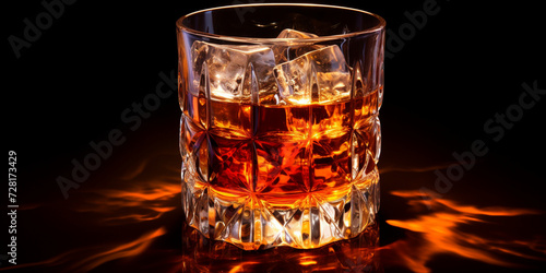 Glass of whiskey or bourbon with ice on the place with black background