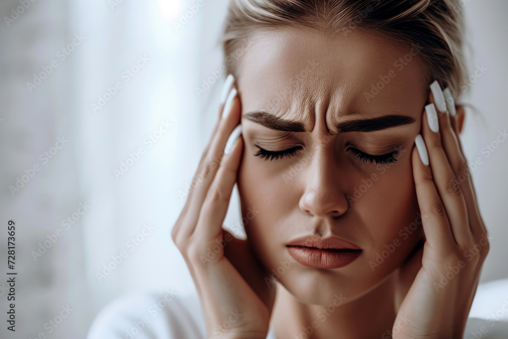 woman with migraine or headache holding her head due to pain, generative Ai woman with migraine or headache holding her head due to pain, generative Ai