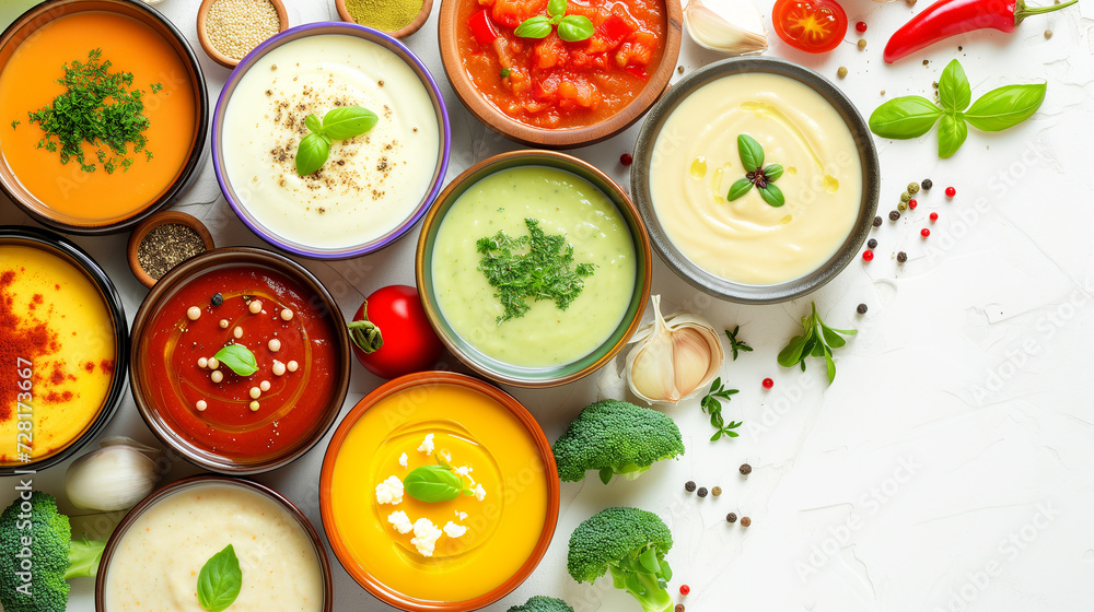 Assorted cream soups in bowls, traditional soups, ingredients for soup nearby, top view, bowls on a white background. Assorted cream soups in bowls, traditional soups, ingredients for soup nearby, top view, bowls on a white background.