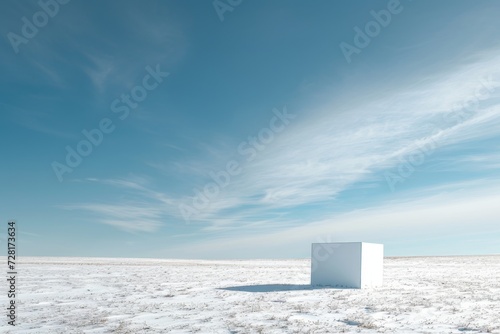 an isolated white small box and a blue sky in a snowy field
