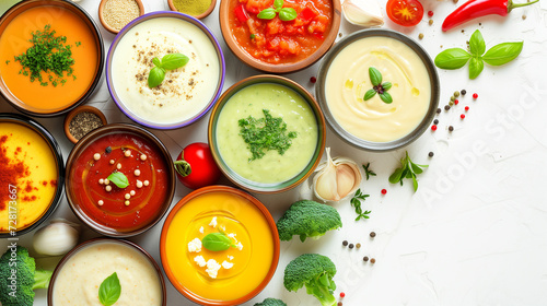 Assorted cream soups in bowls, traditional soups, ingredients for soup nearby, top view, bowls on a white background.