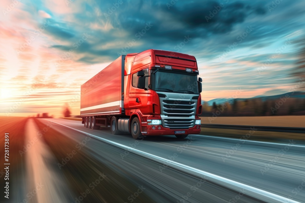 Red truck swiftly moving on road at sunset