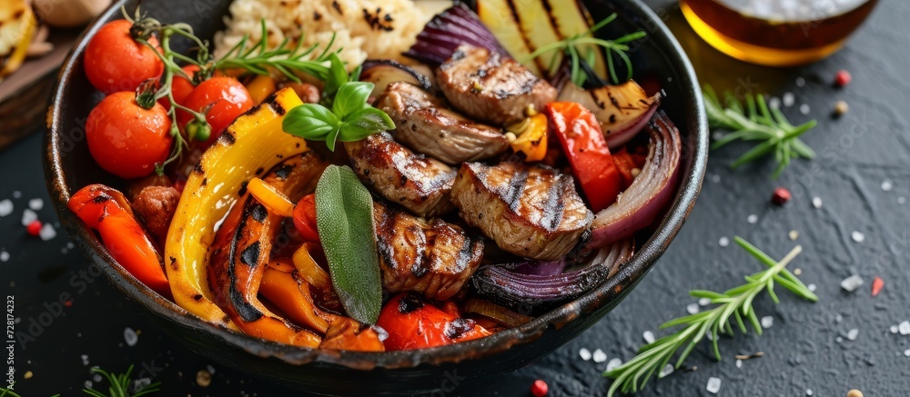 Deliciously Grilled Vegetables and Tender Meat Served in a Wholesome Bowl: A Mouthwatering Collection of Grilled Vegetables, Meat, and Bowl Perfection