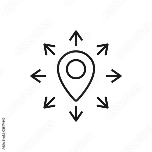 Maps pin with multi-directional arrow icon line style isolated on white background. Vector illustration