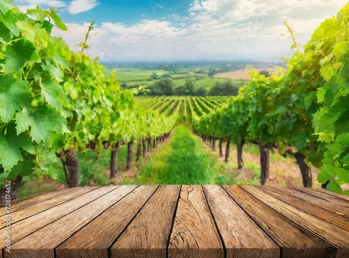 Empty wooden table top with blur background of vineyard