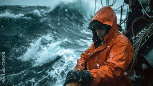 In the midst of a heavy storm a crew member conducts an emergency drill to prepare for any potential environmental disasters at sea.