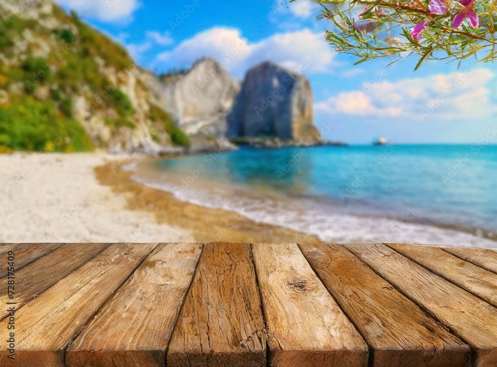 Empty wooden table at the beach for product display, cocktail presentation and copy space. Summer beach background. Empty wooden table at the beach for product display, cocktail presentation and copy space. Summer beach background.