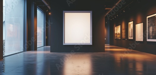 A modern art gallery with an empty frame, set against a backdrop of sleek, dark walls.