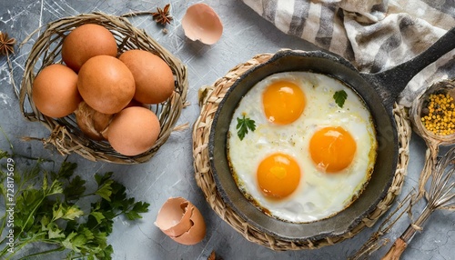 Ovo frito. Gemas de ovos em uma frigideira. Cesto com ovos ao fundo. Visão de cima. Visão plana. photo