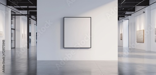 A sleek art gallery with an empty frame in the center of a smooth, white wall.