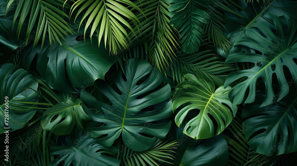 Group background of dark green tropical leaves ( monstera, palm, coconut leaf, fern, palm leaf,bananaleaf) background. concept of nature