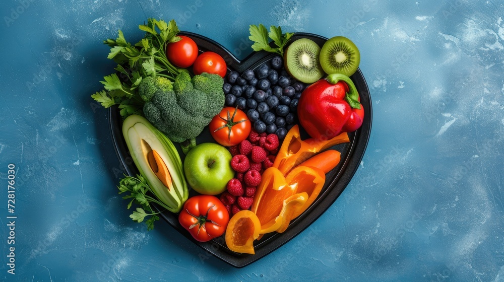 Heart-shaped plate adorned with fruits and vegetables on a blue background, Ai Generated.