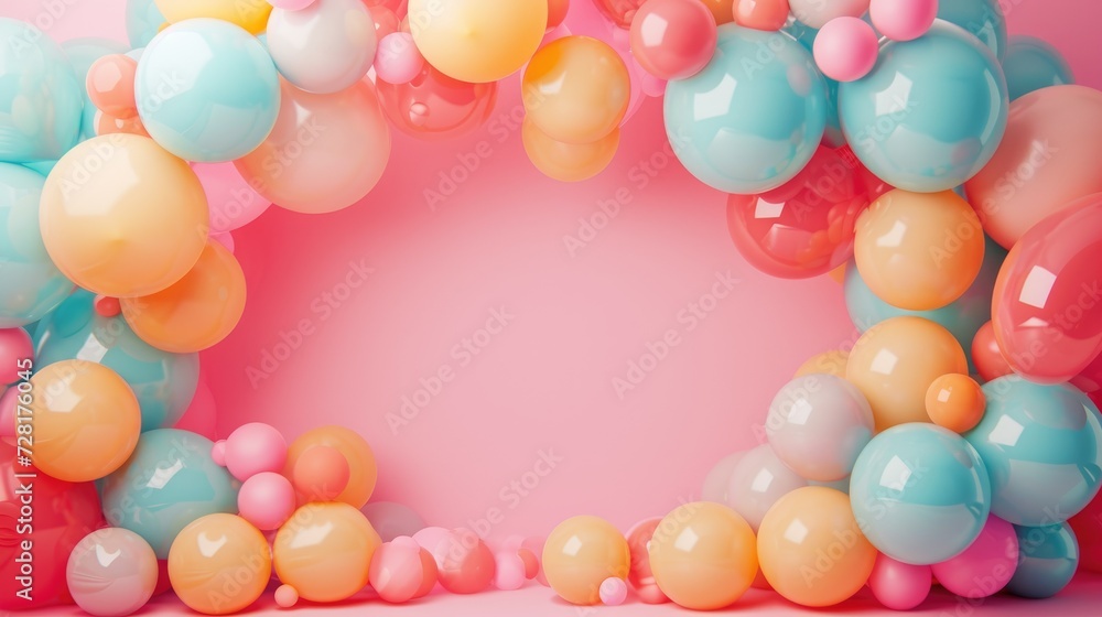 Helium balloons arch on a pastel background, creating a festive scene, Ai Generated.