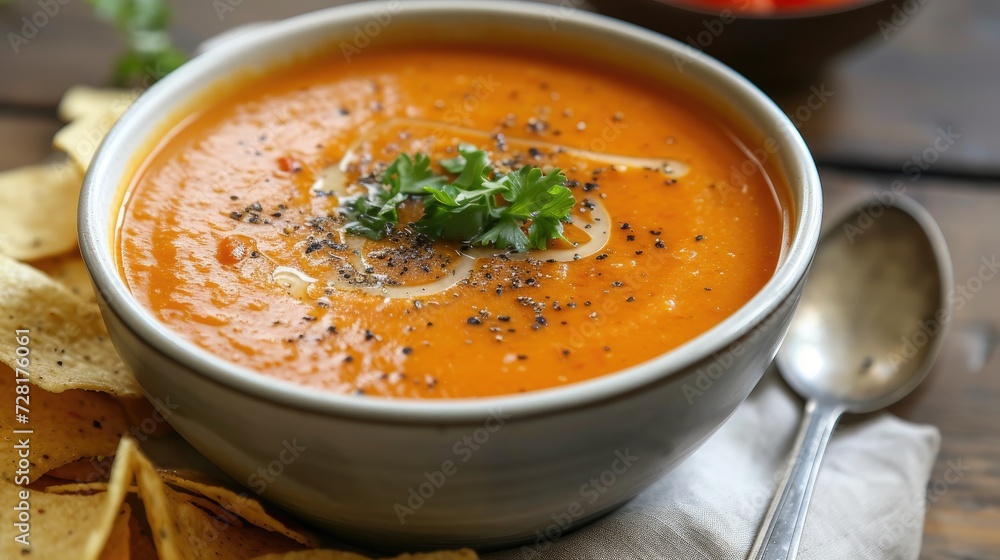 A bowl of soup topped with garnish and served with crispy chips, Ai Generated A bowl of soup topped with garnish and served with crispy chips, Ai Generated