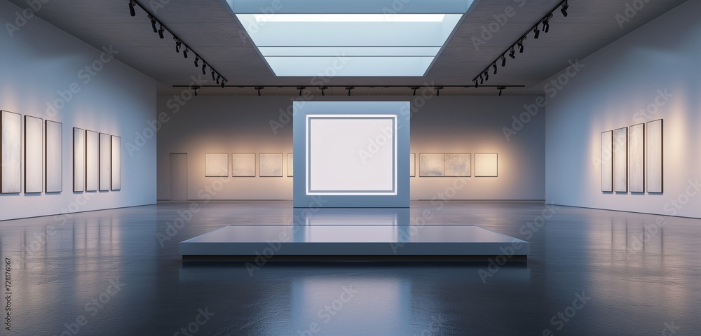 A sleek, streamlined art gallery with one central empty frame, illuminated by a single, powerful spotlight, emphasizing the emptiness of the surrounding space. A sleek, streamlined art gallery with one central empty frame, illuminated by a single, powerful spotlight, emphasizing the emptiness of the surrounding space.
