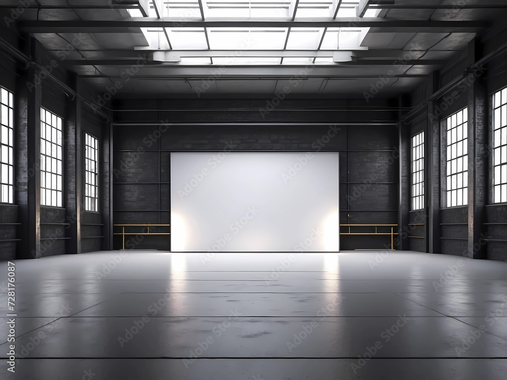 3d rendering of a dark empty factory interior background design or empty warehouse, a glowing white screen in the middle design.