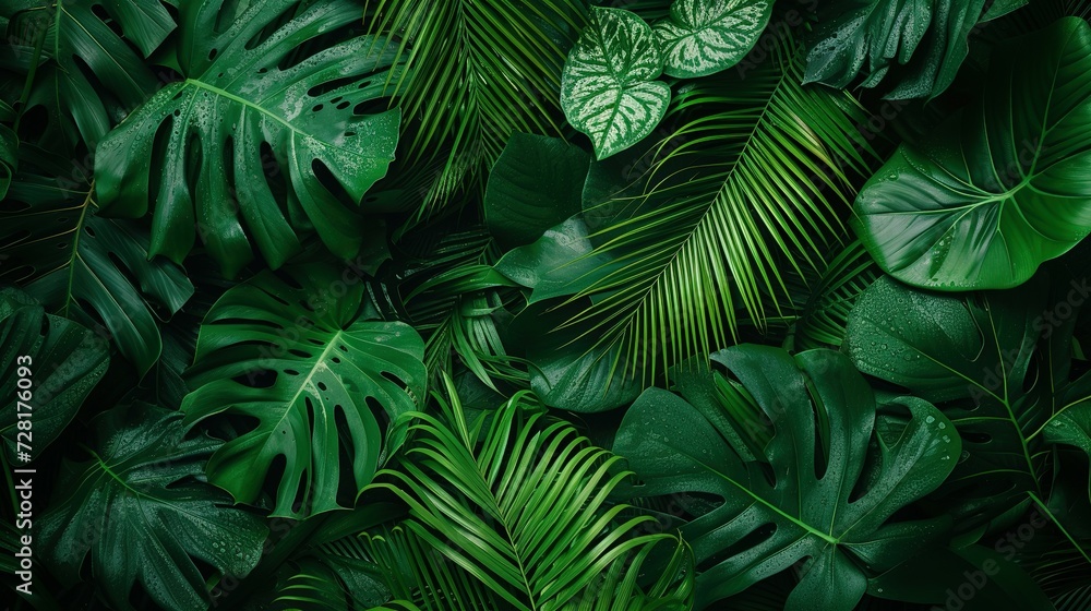 Group background of dark green tropical leaves ( monstera, palm, coconut leaf, fern, palm leaf,bananaleaf) background. concept of nature - obrazy, fototapety, plakaty 