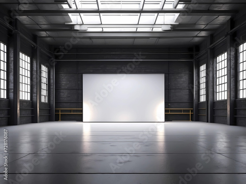 Wallpaper Mural 3d rendering of a dark empty factory interior background design or empty warehouse, a glowing white screen in the middle design. Torontodigital.ca