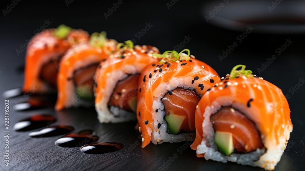 Delectable sushi roll featuring fresh salmon, a mouthwatering Japanese culinary delight, Ai Generated. Delectable sushi roll featuring fresh salmon, a mouthwatering Japanese culinary delight, Ai Generated.